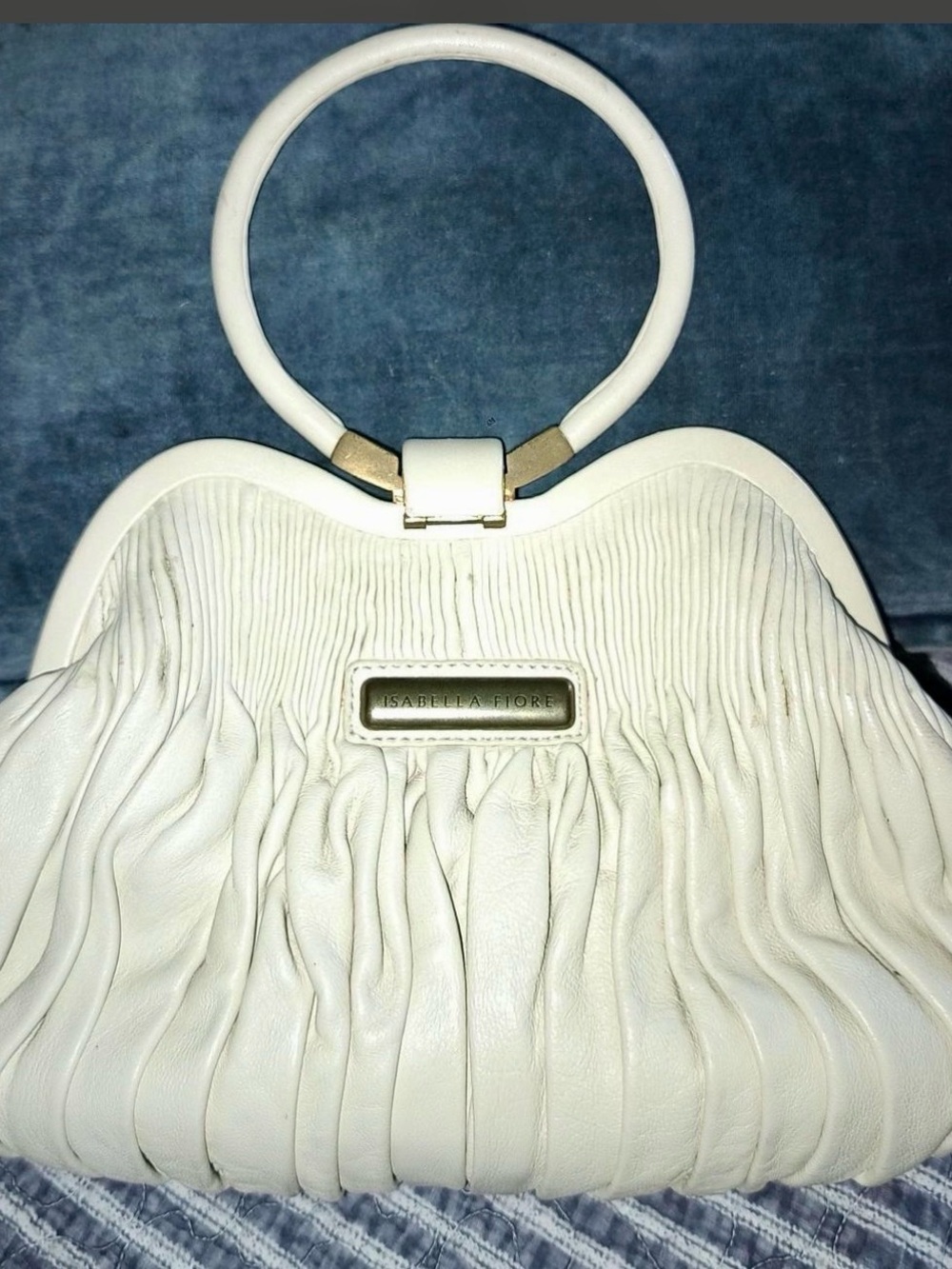 ISABELLA FIORE Cream Gathered Leather Ring-Handle Clutch
